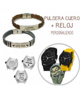 Pack PULSERA CUERO TRENZADO MARRÓN + RELOJ MILITARY