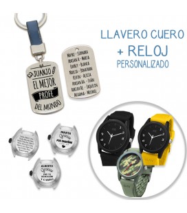 Pack LLAVERO CUERO AZUL + RELOJ PERSONALIZADO