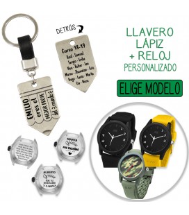 Pack LLAVERO CUERO LÁPIZ + RELOJ PERSONALIZADO