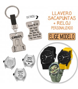 Pack LLAVERO CUERO SACAPUNTAS + RELOJ PERSONALIZADO