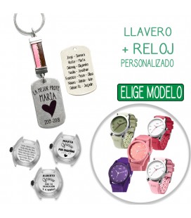 Pack LLAVERO CUERO COSIDO ROSA + RELOJ PERSONALIZADO